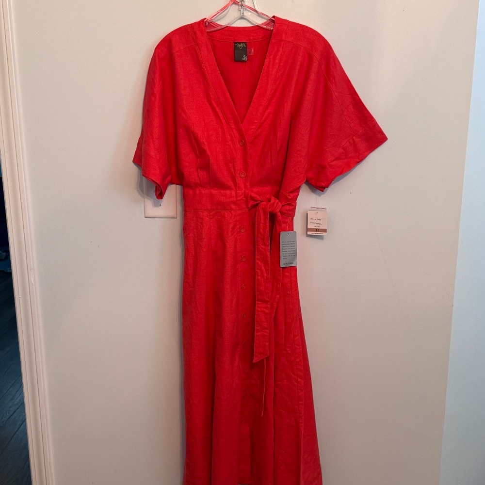 Taylor V-Neck Button Down Tie Wrap Dress in Pappaya Size 12 NWT